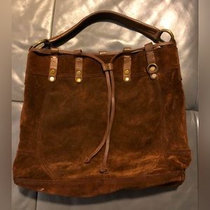 Lucky Brand brown suede/leather drawstring bucket bag. Small spot on bottom.